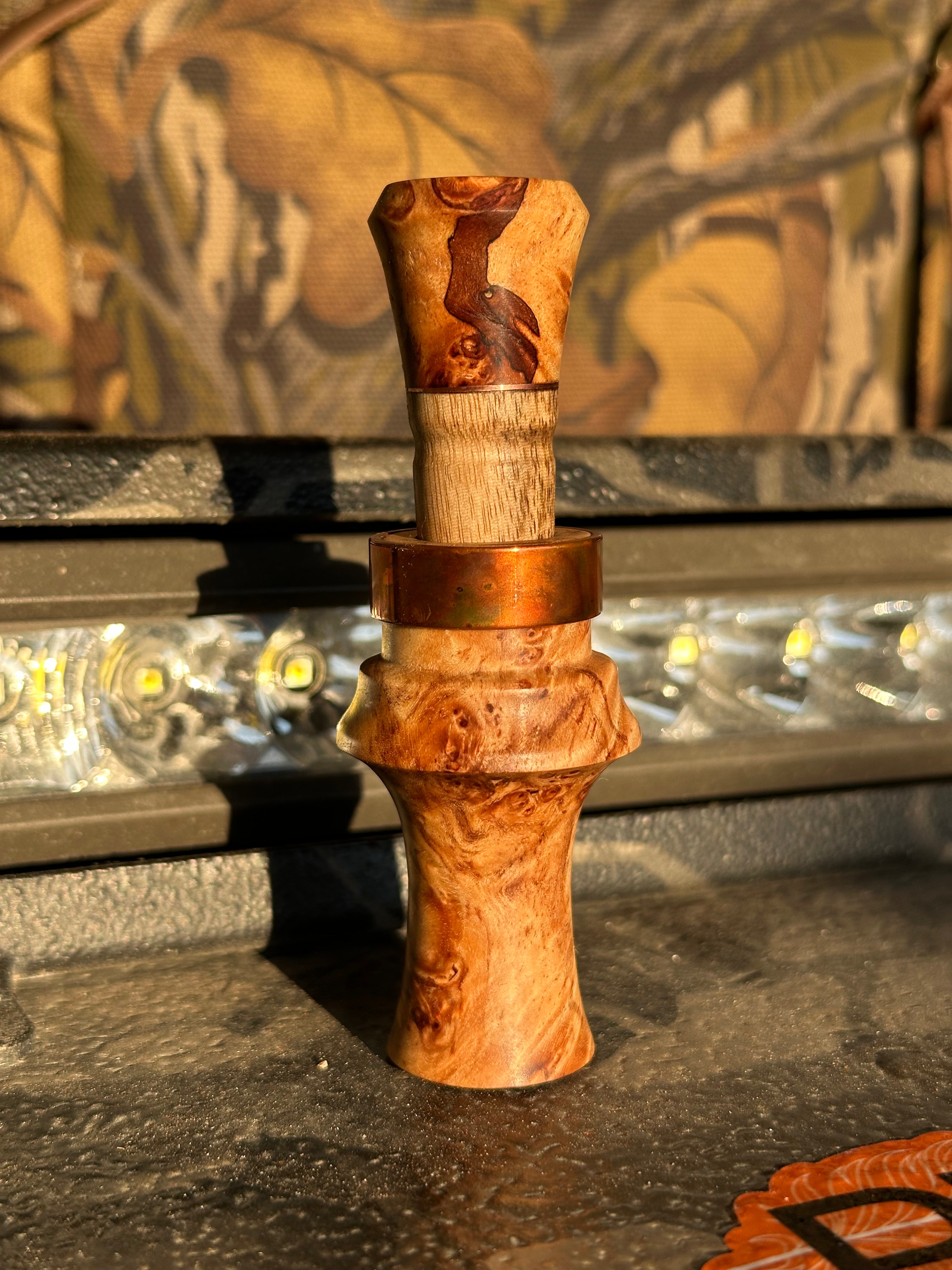 Peacemaker - hand turned- Splated maple burl/ sleeved in persimmon w/ antique copper band